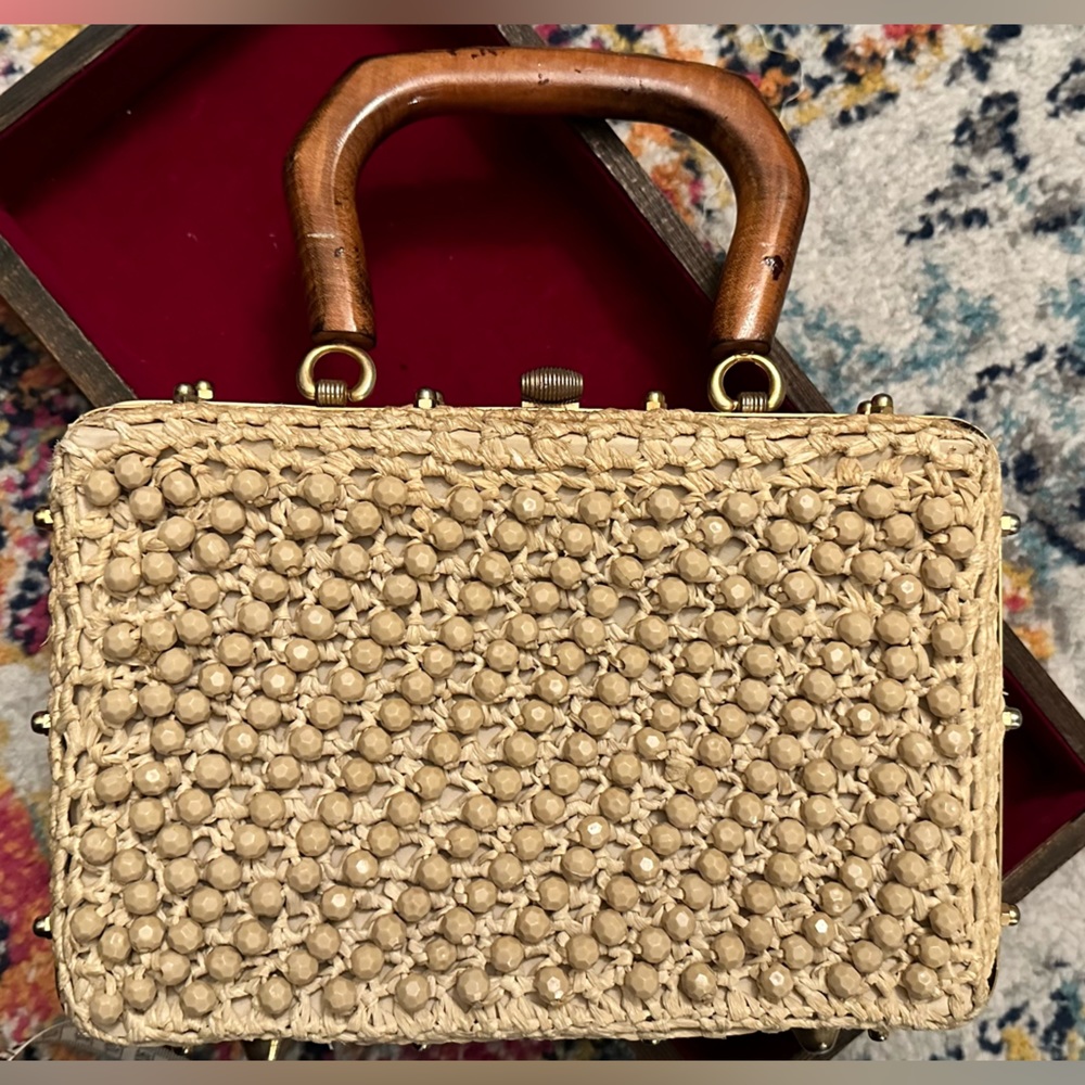 Vintage beaded handbag with wood handle
